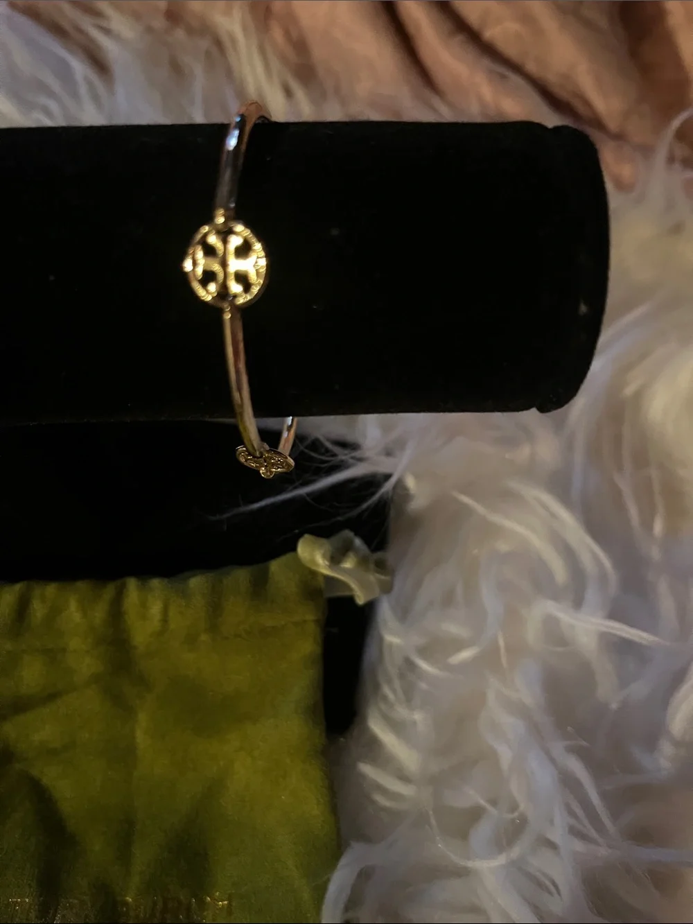 Gold-Tone Logo Bangle with Olive Drawstring Pouch